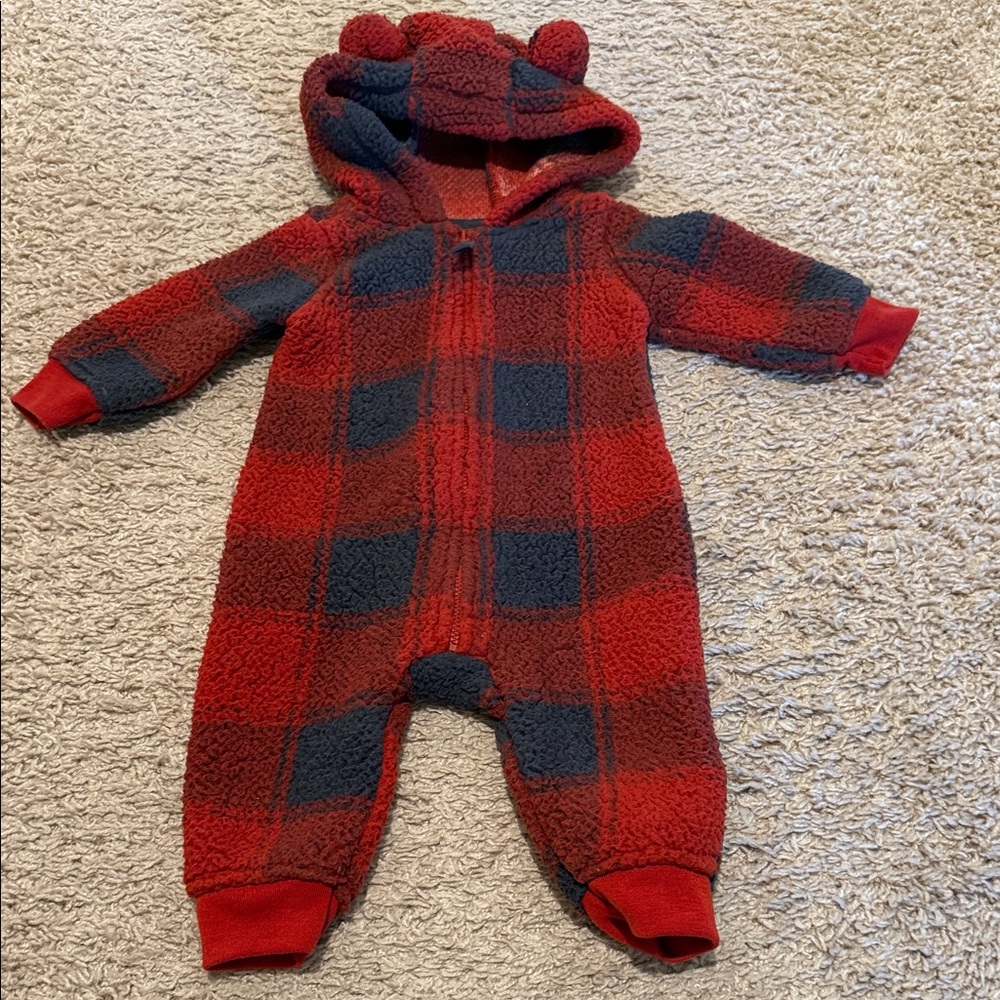 Cozy Red & Navy Plaid Sherpa One-Piece for Kids